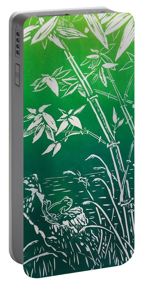 Lino Print Portable Battery Charger featuring the mixed media Greeting the Day by Laurie Samara-Schlageter