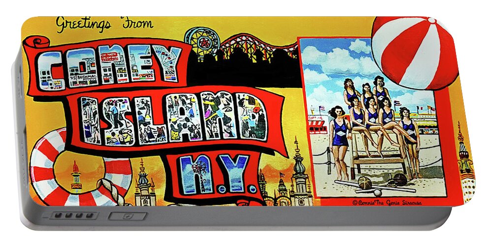  Portable Battery Charger featuring the painting Greetings From Coney Island Towel Version by Bonnie Siracusa