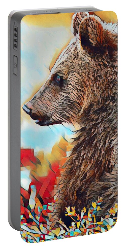 Wildlife Portable Battery Charger featuring the mixed media Grizzly Bear Art Montana Wildlife Travel Poster by Shelli Fitzpatrick