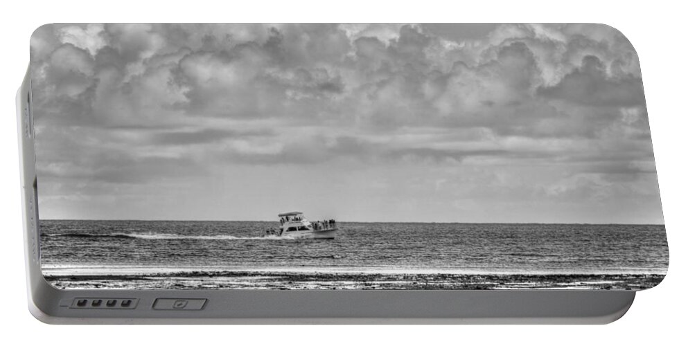 Black And White Portable Battery Charger featuring the photograph Guam Boat by Bill Hamilton