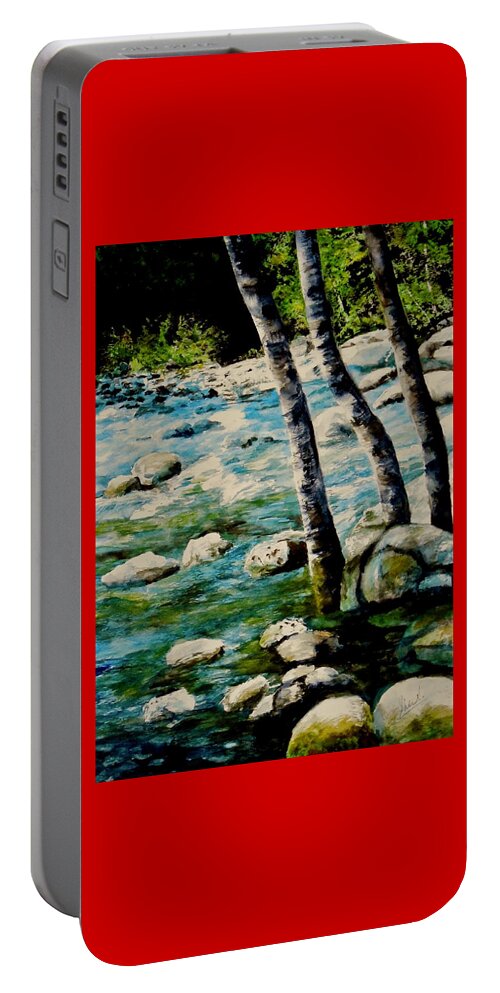 Rocky Waterfall Portable Battery Charger featuring the painting Gushing Waters by Sher Nasser
