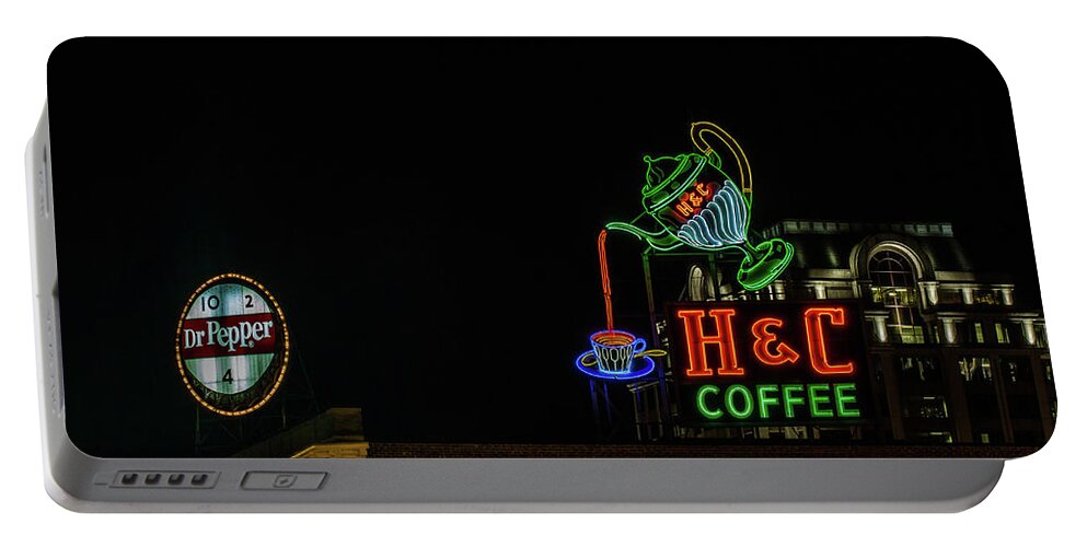 Neon Sign Portable Battery Charger featuring the photograph H C Coffee sign and Dr Pepper Roanoke virginia by Julieta Belmont
