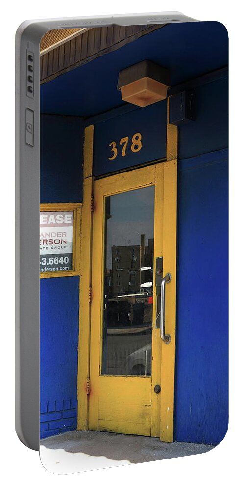 Alley Portable Battery Charger featuring the photograph Hackensack, NJ - Yellow Door 2018 by Frank Romeo