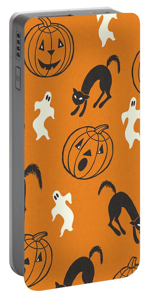 Afraid Portable Battery Charger featuring the drawing Halloween Pattern of Pumpkins, Ghosts, and Black Cats by CSA Images