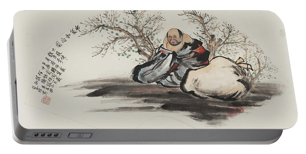 Chinese Watercolor Portable Battery Charger featuring the painting Happy Wandering Buddha #2 by Jenny Sanders