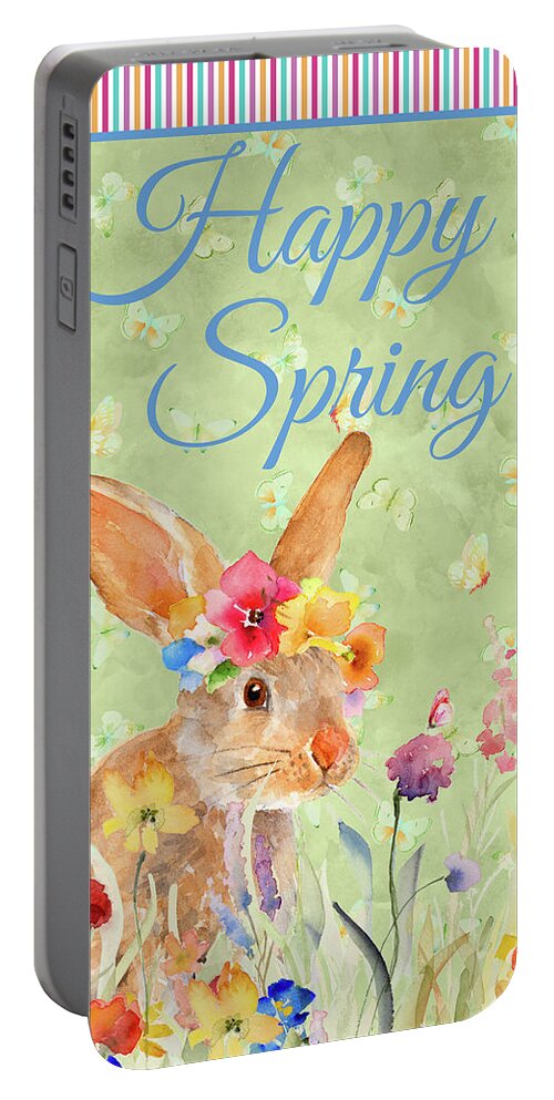Happy Portable Battery Charger featuring the mixed media Happy Spring Bunny by Lanie Loreth