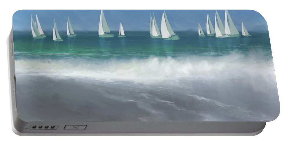 Coastal Portable Battery Charger featuring the painting Harbor Sailing by Dan Meneely