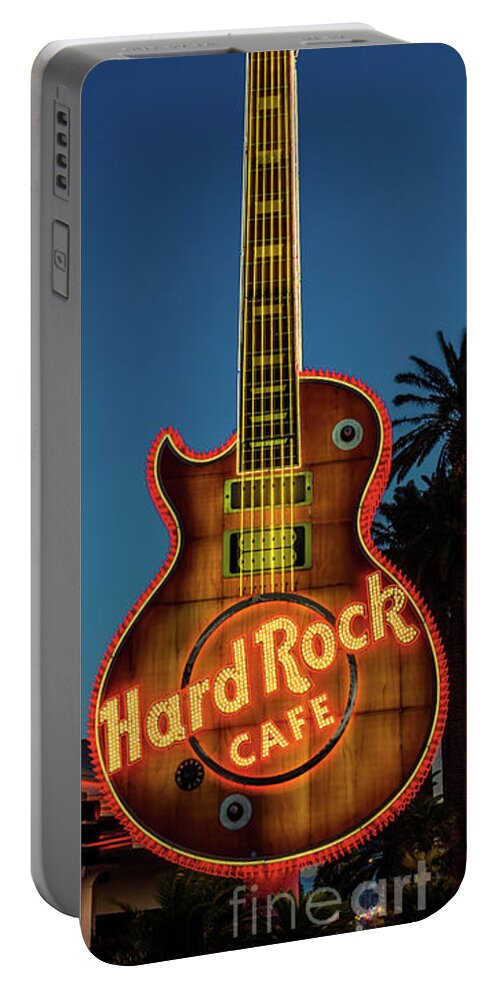 Las Vegas Strip Portable Battery Charger featuring the photograph Hard Rock Hotel Guitar at Sunrise Front View 3 to 1 Ratio R.I.P. by Aloha Art