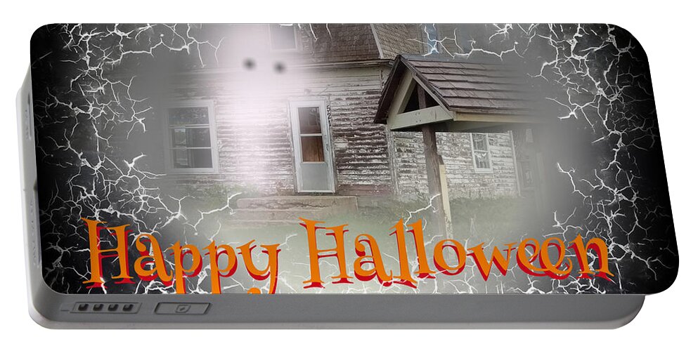 Haunted House Portable Battery Charger featuring the digital art Haunted House Happy Halloween Card by Delynn Addams