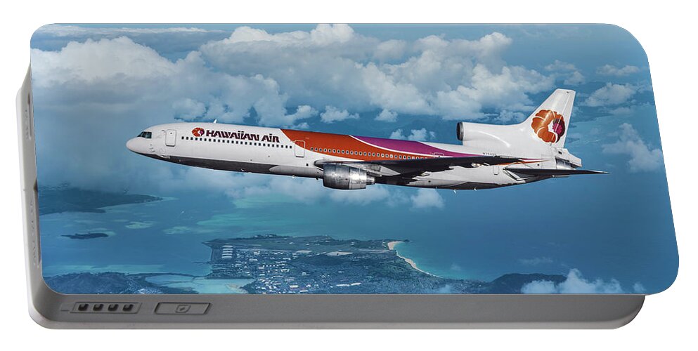 Hawaiian Airlines Portable Battery Charger featuring the mixed media Hawaiian Airlines L-1011 Over the Islands by Erik Simonsen