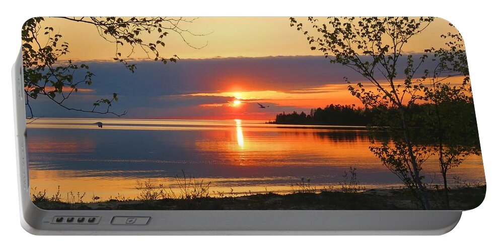 Lake Michigan. Sunset Portable Battery Charger featuring the photograph Headlands Sunset by Keith Stokes