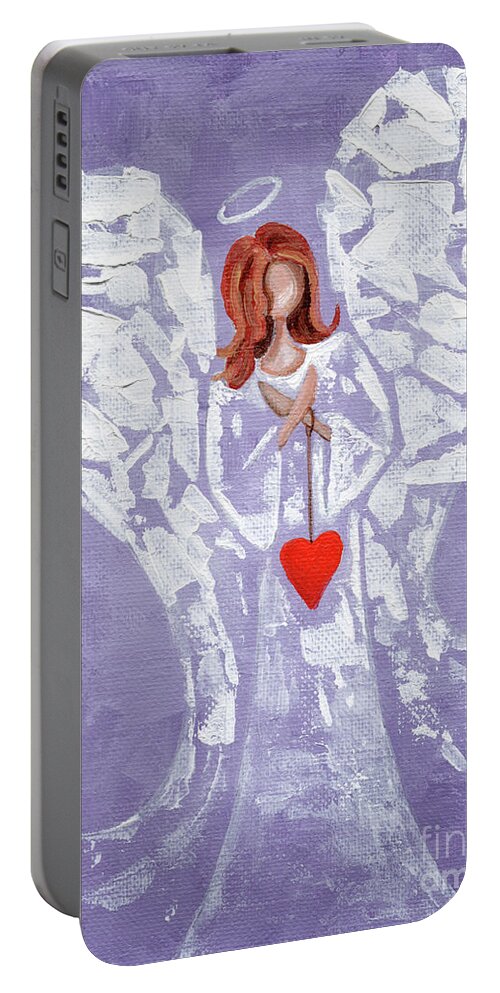 Angel Portable Battery Charger featuring the painting Heard on High Angel - purple heart by Annie Troe