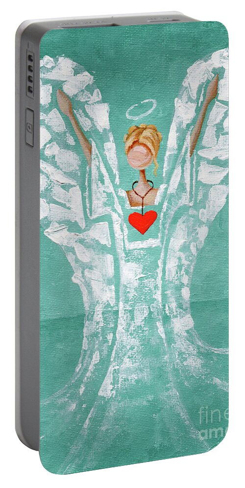 Angel Portable Battery Charger featuring the painting Heard on High Angel - teal heart by Annie Troe