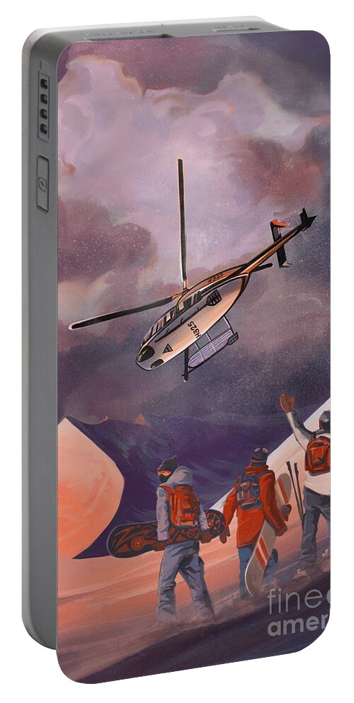 Ski Portable Battery Charger featuring the painting HeliSki by Sassan Filsoof