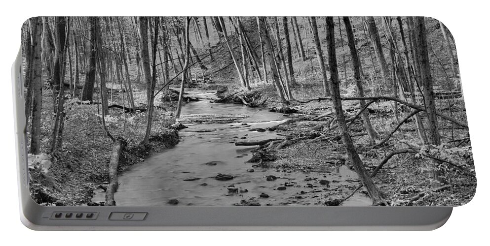 Hells Hollow Portable Battery Charger featuring the photograph Hells Hollow Fall Foliage Black And White by Adam Jewell
