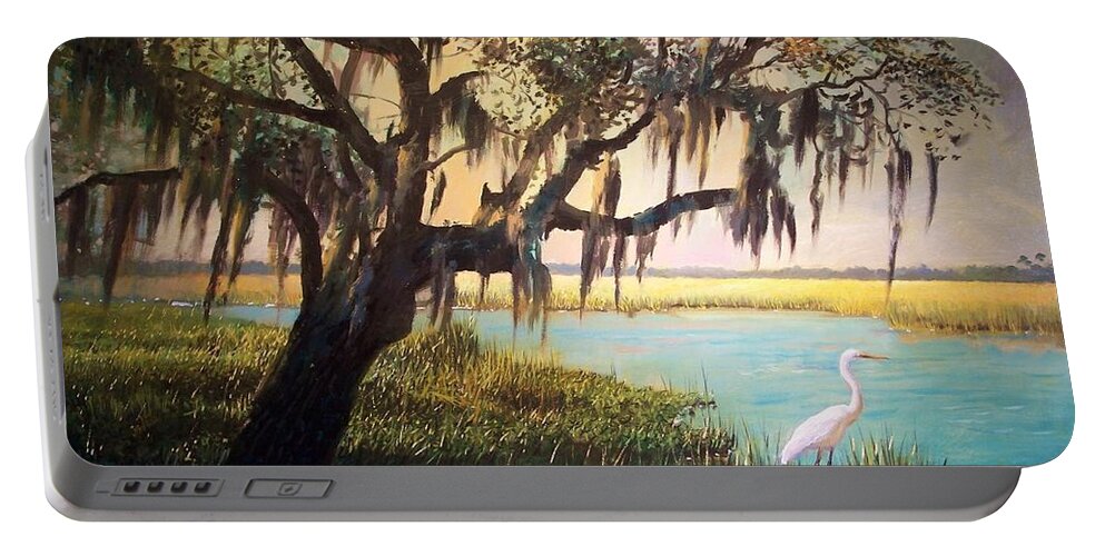 Marsh Portable Battery Charger featuring the painting Heron and Live Oak Tree by Blue Sky