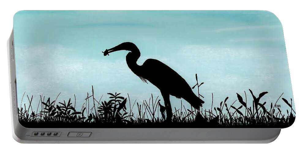 Bird Portable Battery Charger featuring the drawing Heron Has Supper by D Hackett