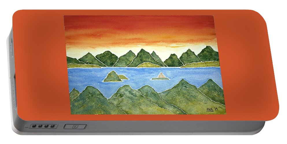 Watercolor Portable Battery Charger featuring the painting Hidden Islands Lore by John Klobucher