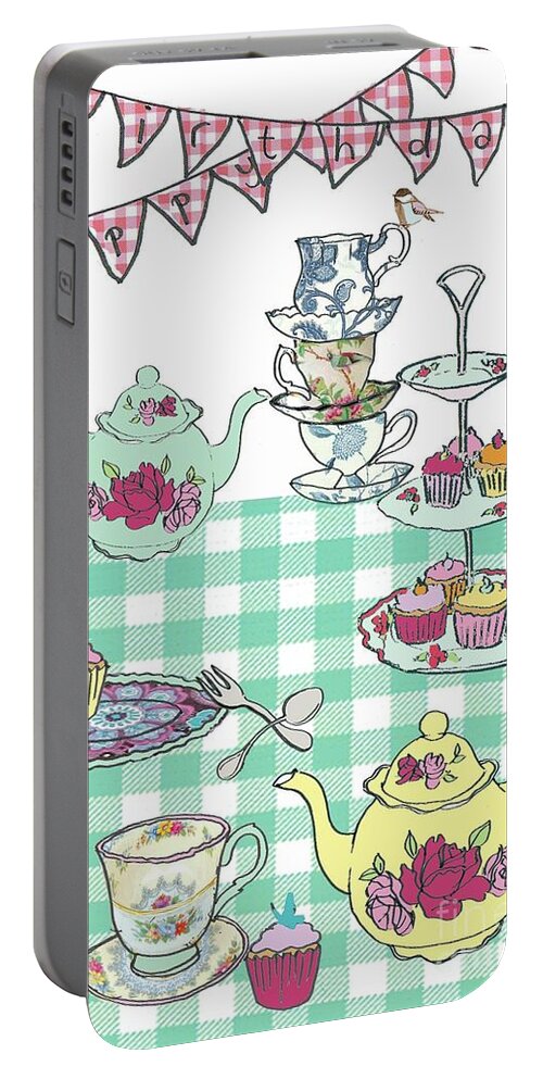 Tea Portable Battery Charger featuring the mixed media High Tea Birthday by Anna Platts