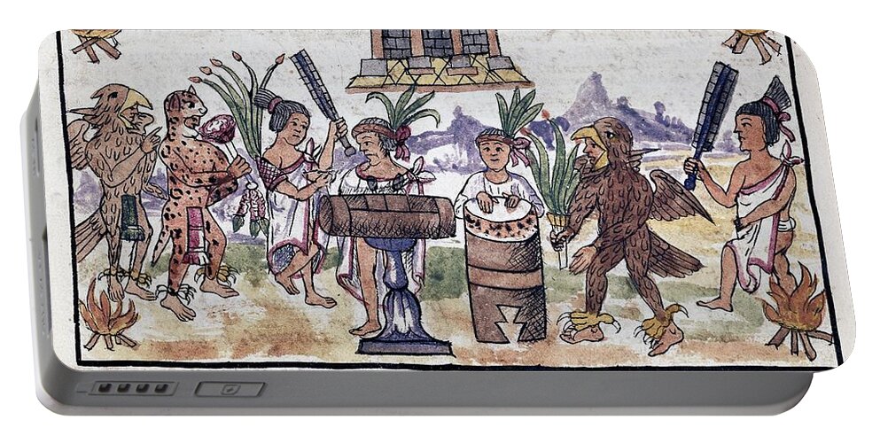 Diego Duran Portable Battery Charger featuring the drawing History Of The Indies Of New Spain - Celebration Of The Coronation Of Moctezuma - 16th Century. by Diego Duran -1537-1588-