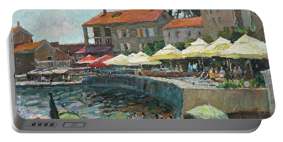 Plein-air Portable Battery Charger featuring the painting Holidays in Petrovac by Juliya Zhukova