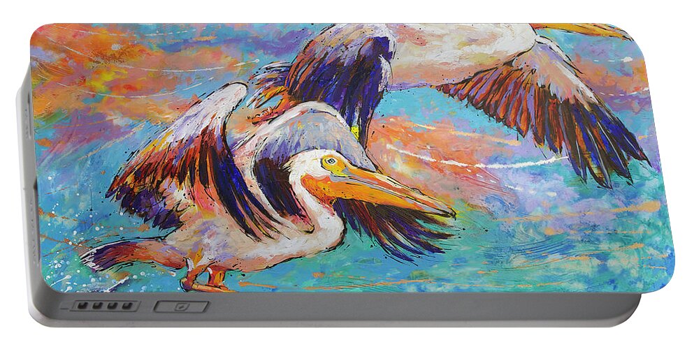  Portable Battery Charger featuring the painting Homeward Bound Pelicans by Jyotika Shroff