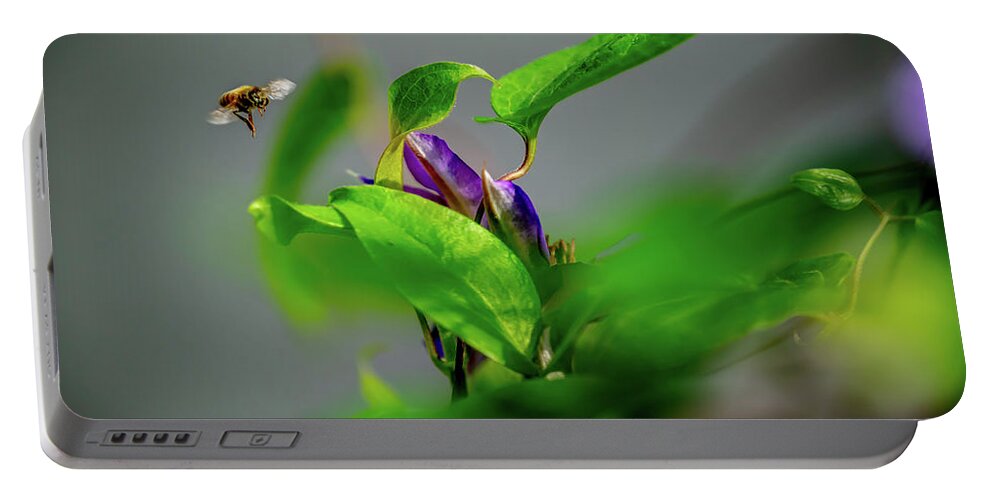 Honey Bee Portable Battery Charger featuring the digital art Honey Bee perusing the garden by Ed Stines