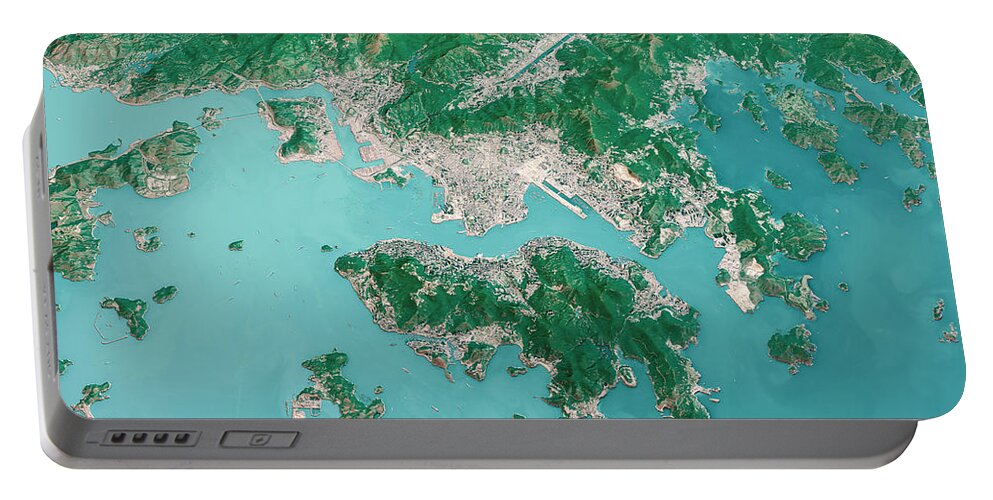 Hong Kong Portable Battery Charger featuring the digital art Hong Kong City 3D Render Aerial Landscape View From South Jan 20 by Frank Ramspott