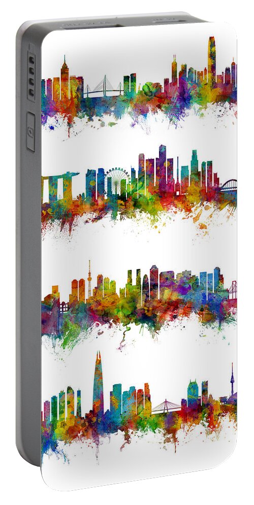 Seoul Portable Battery Charger featuring the digital art Hong Kong, Singapore, Tokyo and Seoul Skylines by Michael Tompsett