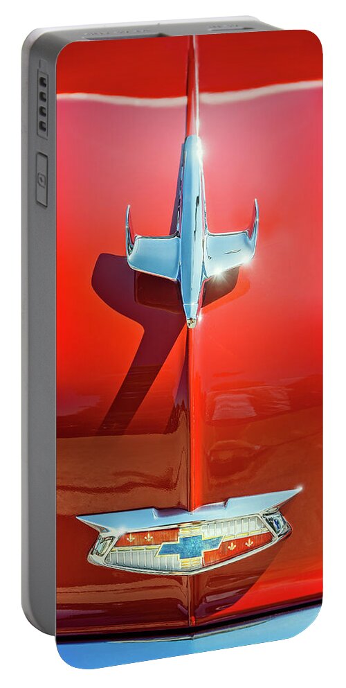 Vehicle Portable Battery Charger featuring the photograph Hood Ornament on a Red 55 Chevy by Scott Norris