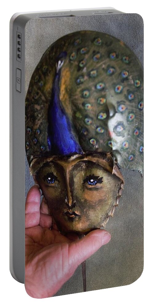 Horseshoe Crab Portable Battery Charger featuring the mixed media Horseshoe Crab Mask Wall Piece by Roger Swezey