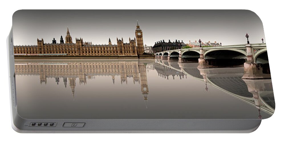Houses Of Parliament Big Ben Westminster Bridge Reflections London Sepia Portable Battery Charger featuring the digital art Houses of Parliament Westminster Bridge Reflections London Sepia by Joe Tamassy