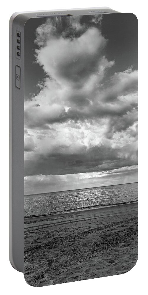 Ipswich Portable Battery Charger featuring the photograph I heart Crane Beach Heart Shaped Cloud Ipswich MA Black and White by Toby McGuire