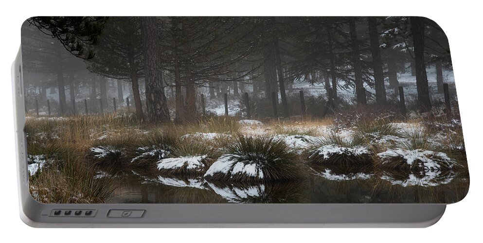 Wintertime Portable Battery Charger featuring the photograph Idyllic Winter landscape with a frozen lake at Troodos Mountai by Michalakis Ppalis