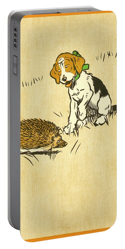 Book Illustration Portable Battery Charger featuring the drawing Puppy and Hedgehog, illustration of by Cecil Aldin