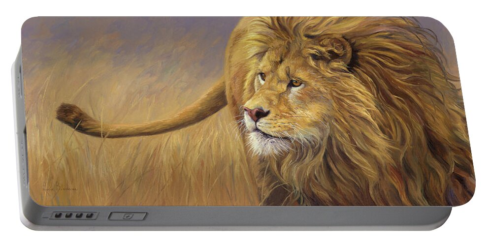 Lion Portable Battery Charger featuring the painting In Motion by Lucie Bilodeau