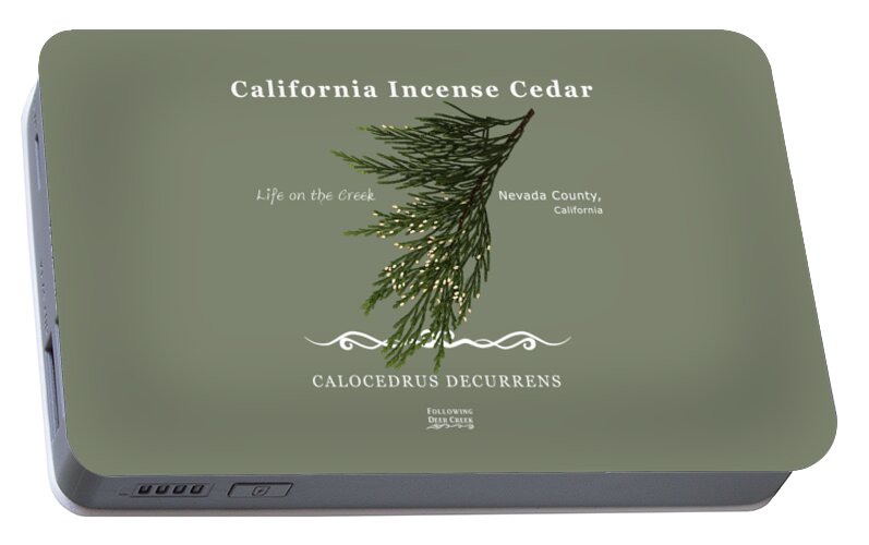 California Incense Cedar Is Native To Western North America. This Art Piece Was Created As Part Of A Blog Post Portable Battery Charger featuring the digital art Incense Cedar - white text by Lisa Redfern