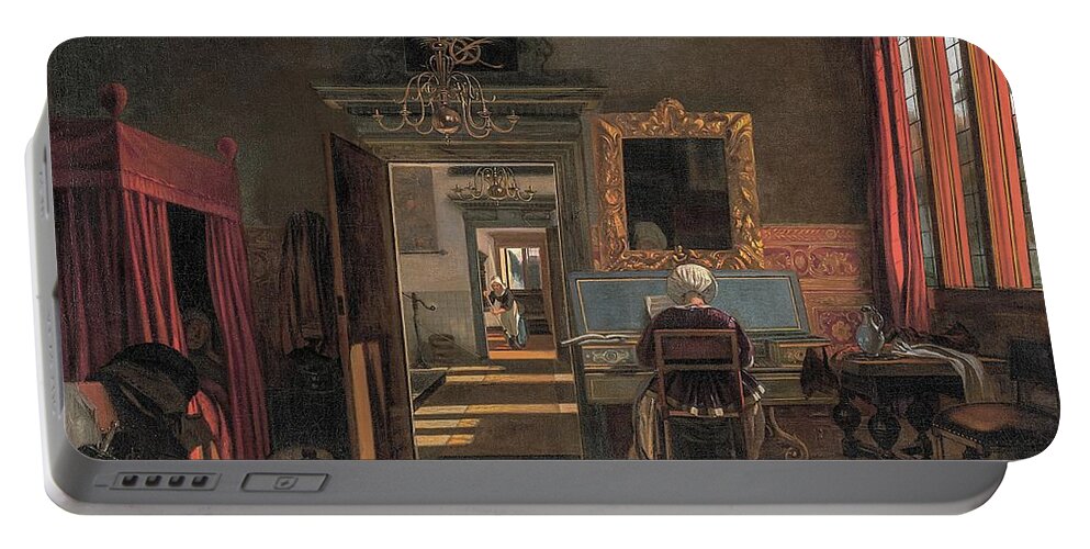 Emmanuel De Witte Portable Battery Charger featuring the painting Interior with a woman at a virginal, and an officer listening in the bed on the left, by Emanuel ... by Emmanuel de Witte