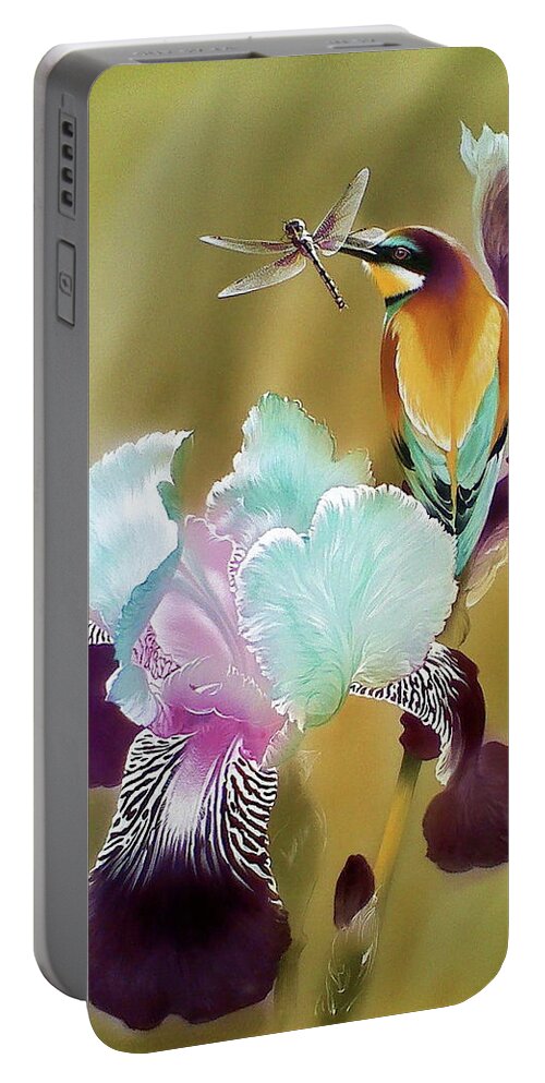 Russian Artists New Wave Portable Battery Charger featuring the painting Iris and Bee-eater Bird with Dragonfly by Alina Oseeva