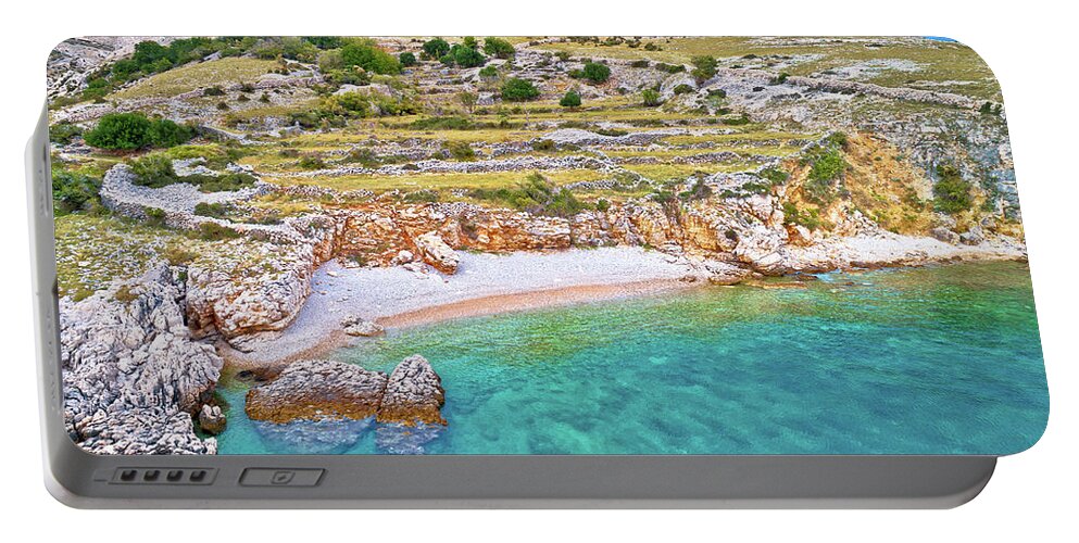 Pebble Portable Battery Charger featuring the photograph Island of Krk idyllic pebble beach with karst landscape, stone d by Brch Photography