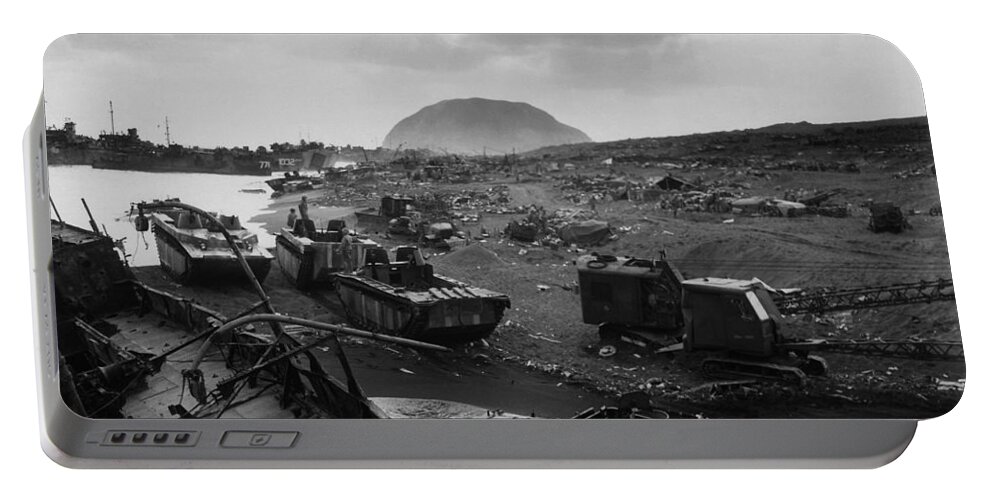 Iwo Jima Portable Battery Charger featuring the photograph Iwo Jima Beach Destruction by War Is Hell Store