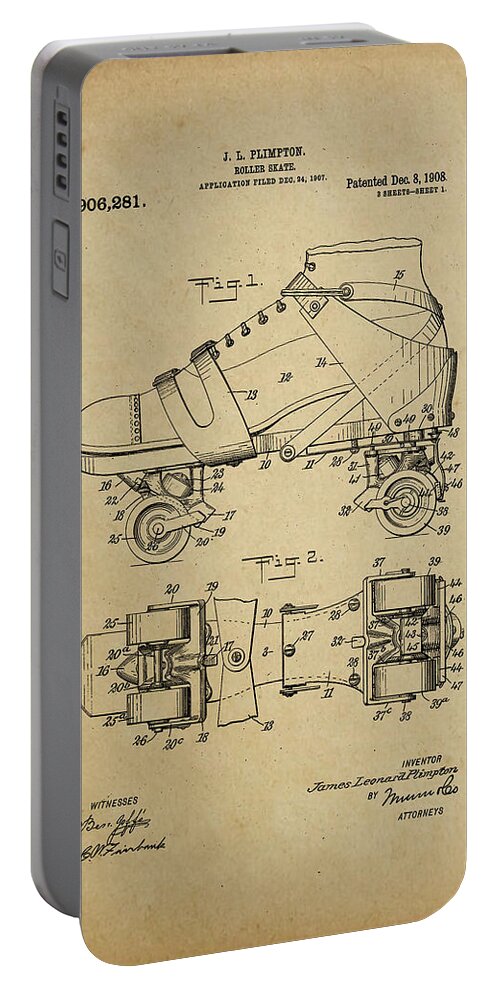 Roller Skate Portable Battery Charger featuring the digital art J. L. Plimpton, Roller Skate, Patented Dec.8,1908. by Pheasant Run Gallery