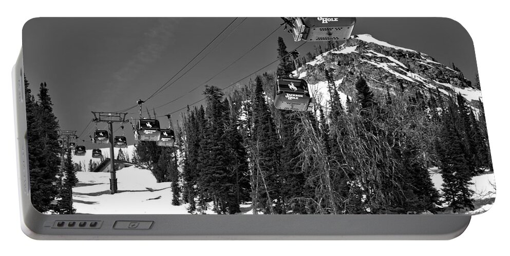 Jackson Hole Portable Battery Charger featuring the photograph Jackson Hole Bridger Gondola Black And White by Adam Jewell