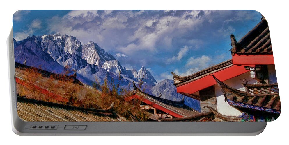  Portable Battery Charger featuring the photograph Jade Dragon Snow Mountain Over Shuhe Ancient Town by Blake Richards