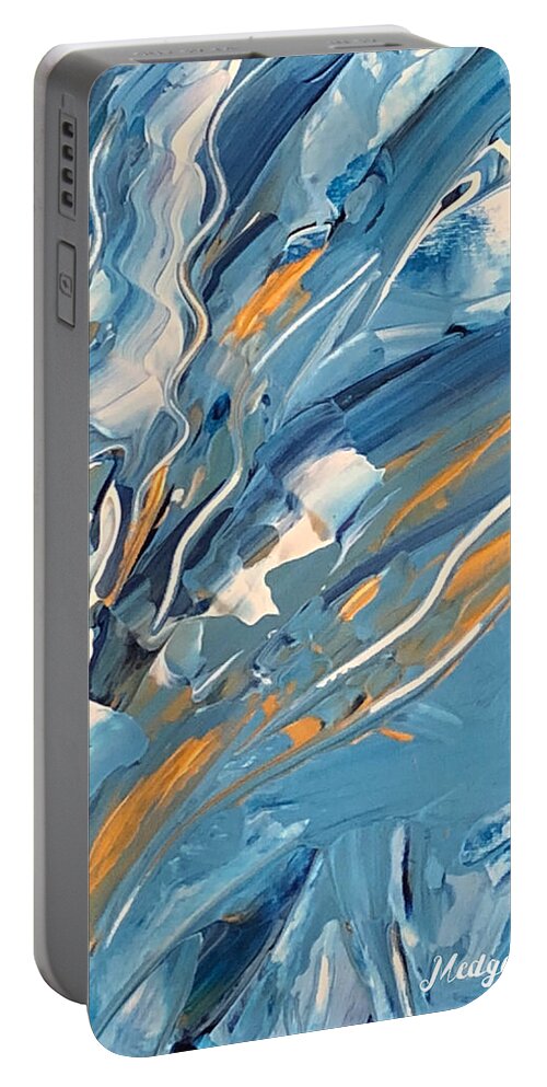 Garden Blue Gold Sea. Sky Portable Battery Charger featuring the painting Jardin bleu by Medge Jaspan
