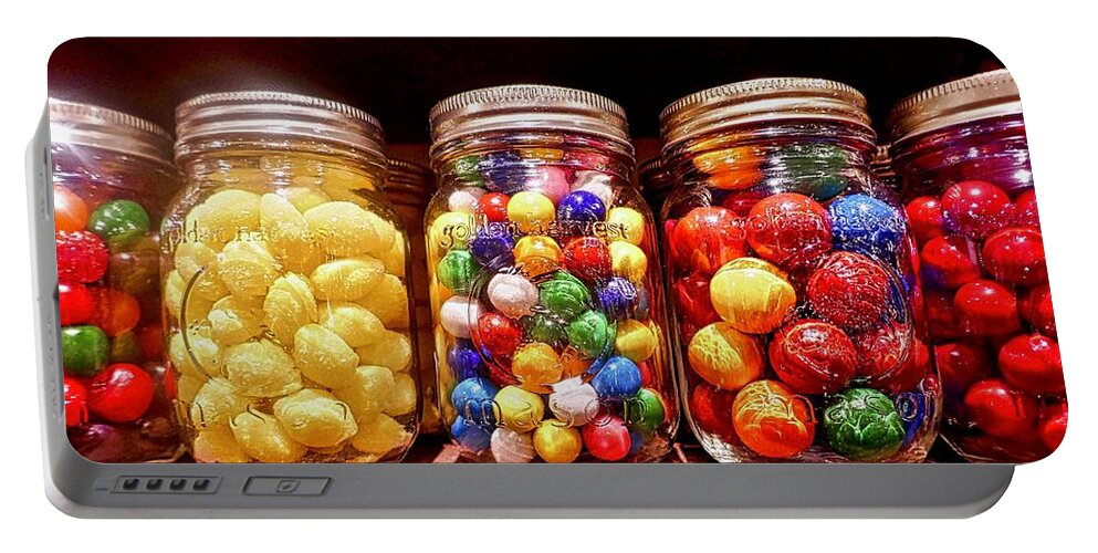 Colorful Candy In Mason Jars. Red Jaw Breakers Candy Portable Battery Charger featuring the photograph Jaw Breakers by Joan Reese