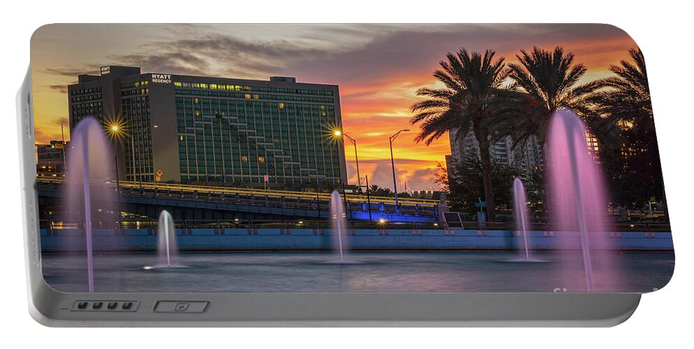 Sunrise Portable Battery Charger featuring the photograph JAX Cityscape Sunrise At The Fountains by DB Hayes