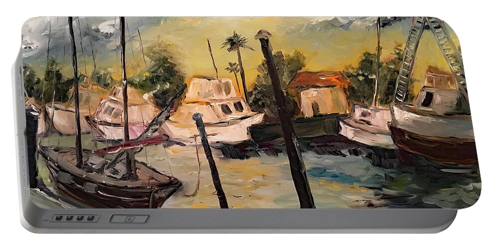 Harbor Portable Battery Charger featuring the painting Jeannes Harbor by Roxy Rich