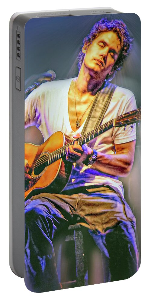 John Mayer Portable Battery Charger featuring the mixed media John Mayer New Light by Mal Bray