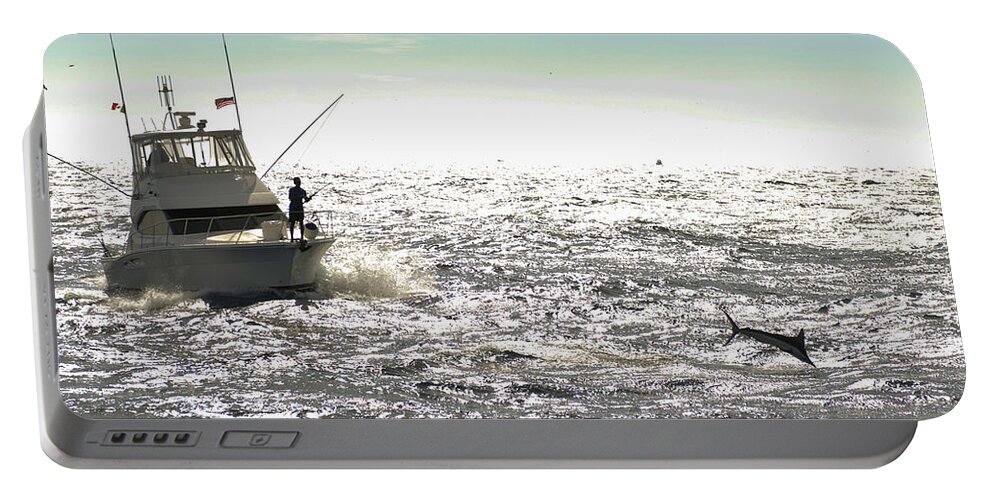 Marlin Portable Battery Charger featuring the photograph Jumping Marlin off bow by David Shuler